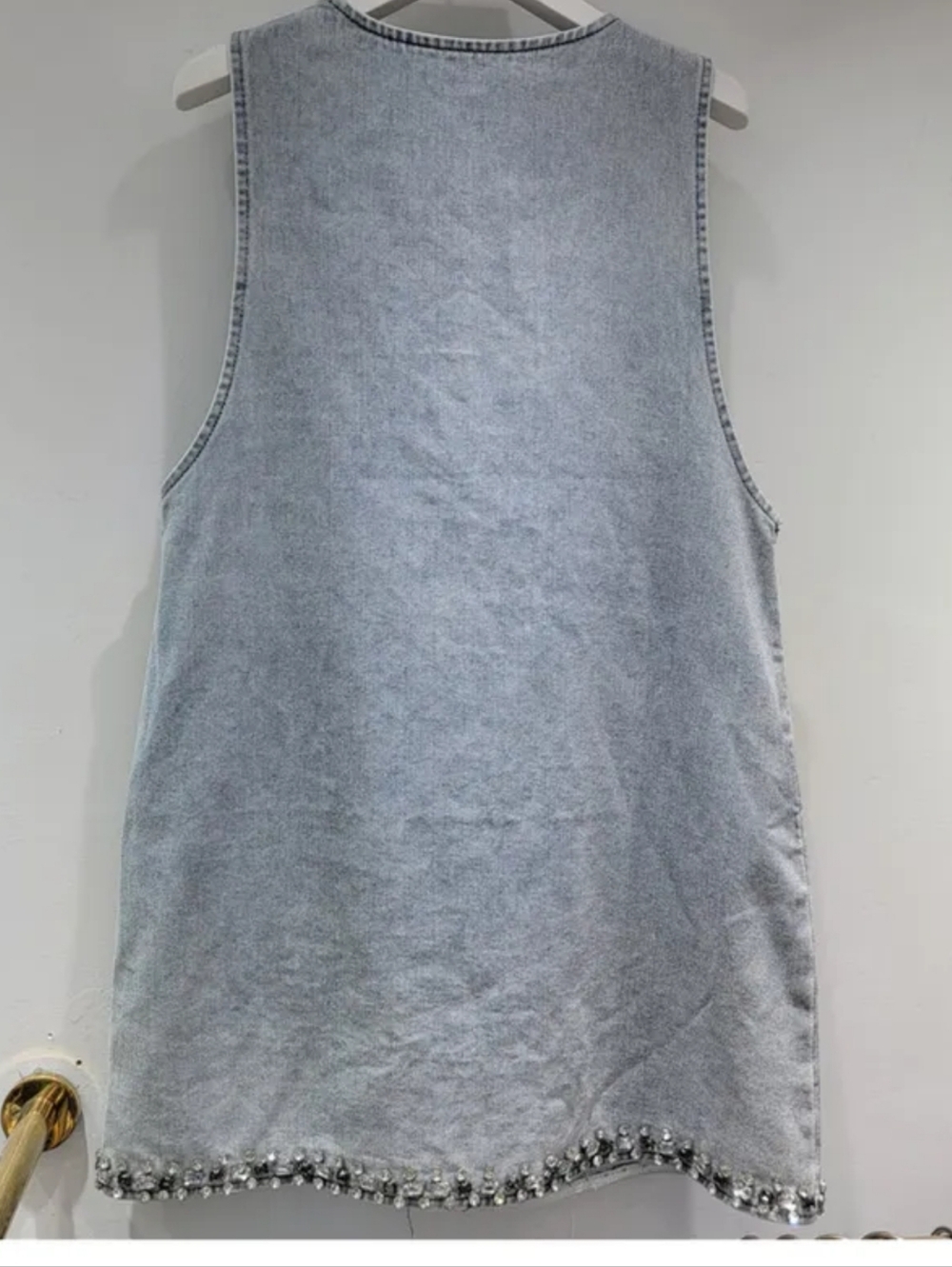 Embellished Light Blue Denim Mini Dress - Deep V - Picture 5 of 8